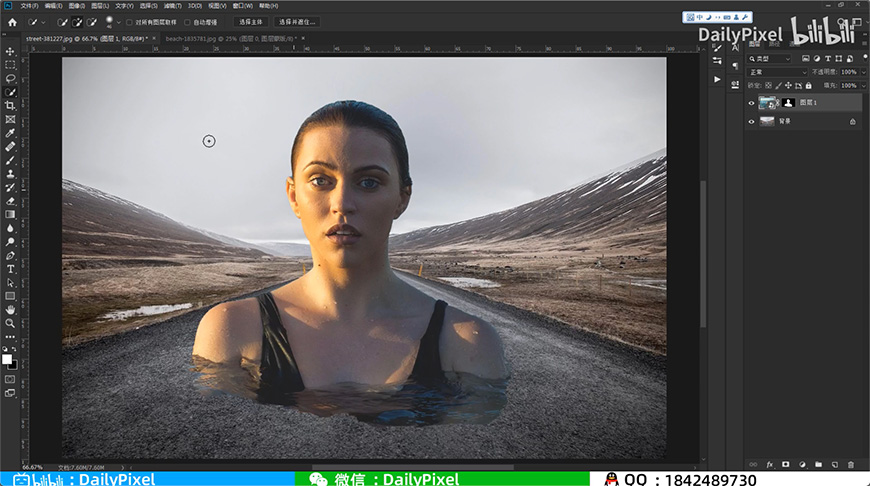 Photoshop合成在馬路上游泳的美女